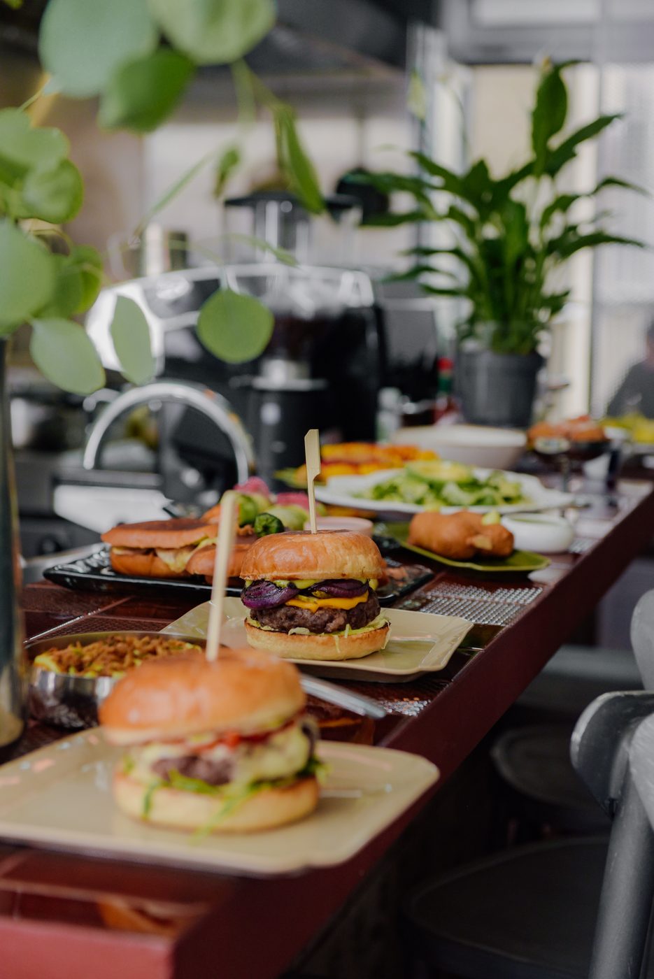 Burgeri servirani na šanku, kuhinja i biljke u pozadini